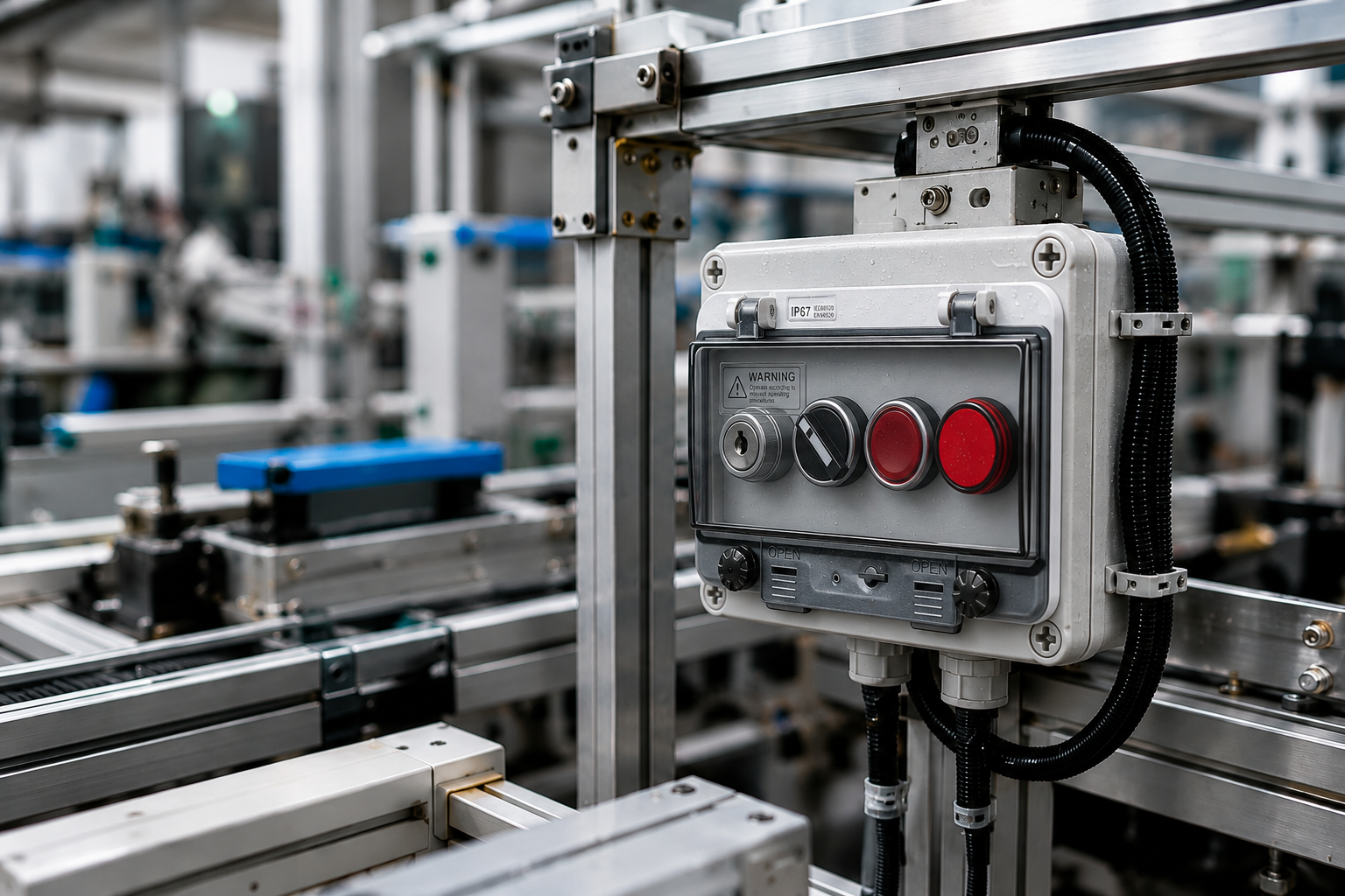 Protected pushbutton control station on automated assembly equipment