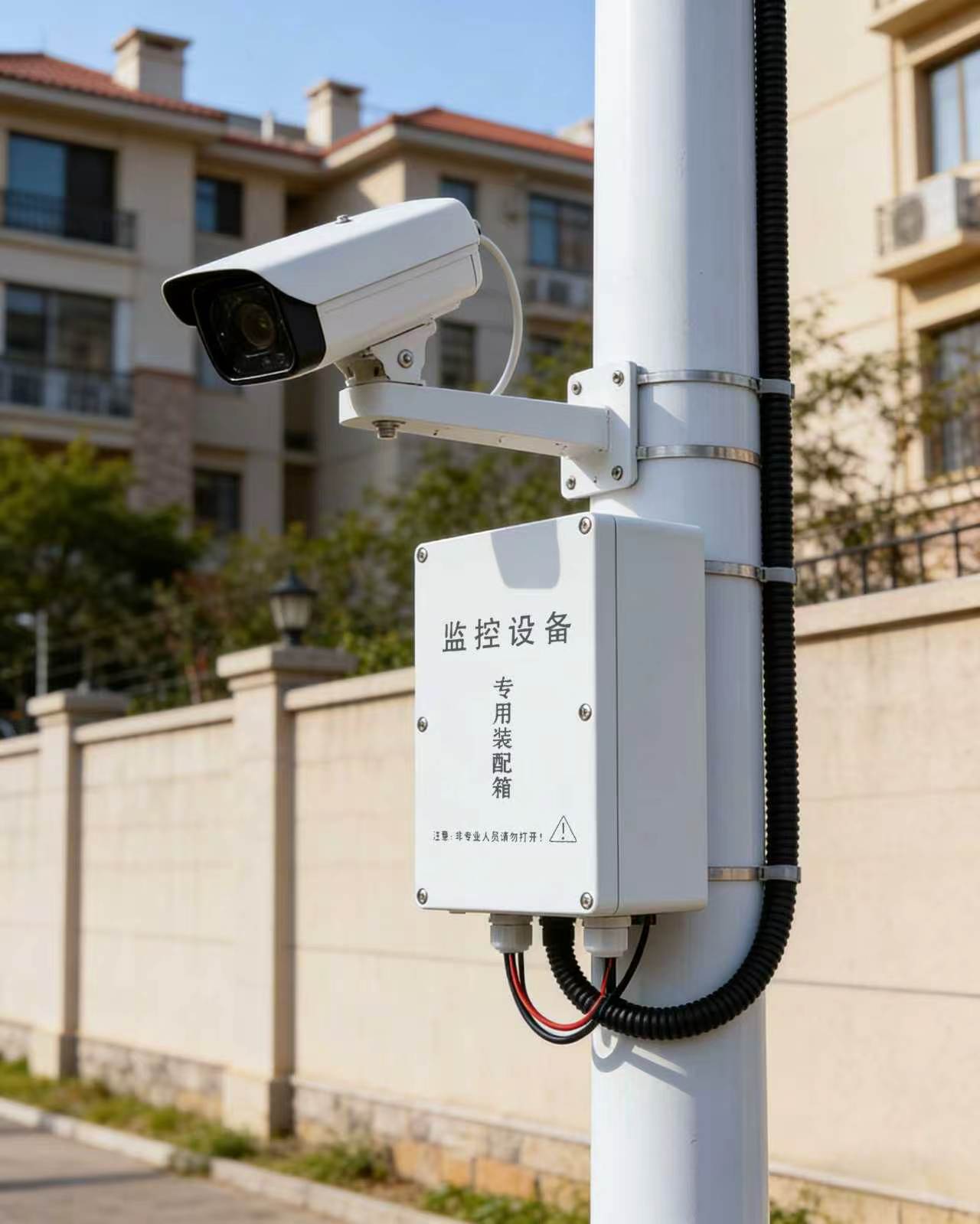 Weatherproof junction enclosure mounted beside an outdoor CCTV camera