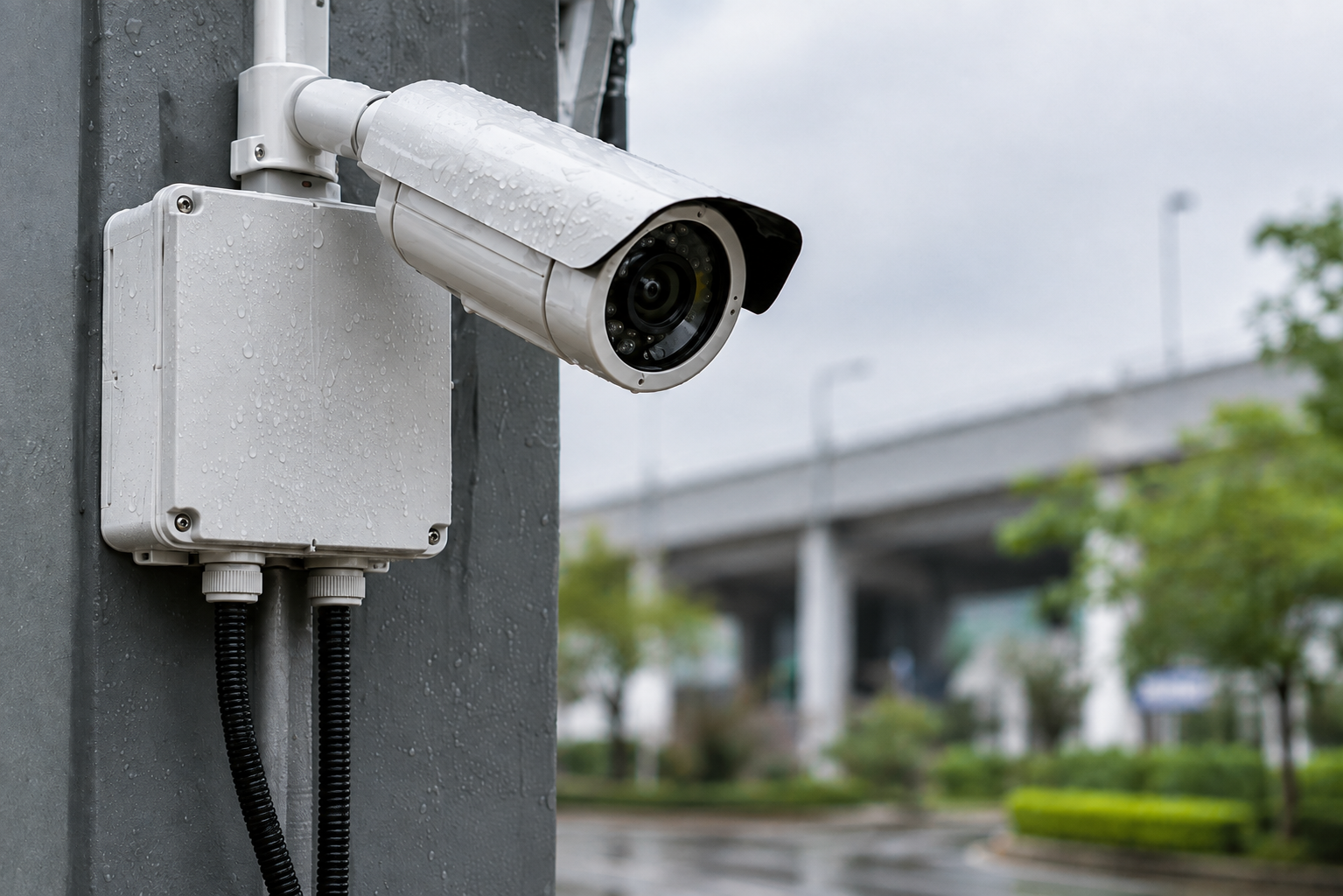Weatherproof junction enclosure mounted beside an outdoor CCTV camera