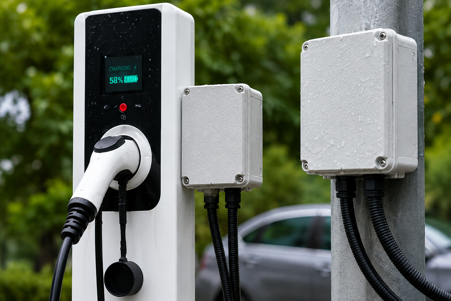 Waterproof electrical enclosures installed beside an outdoor EV charging station