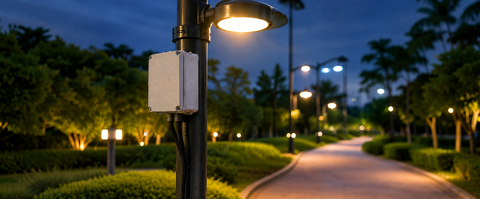 Waterproof junction enclosure installed on a landscape street light pole