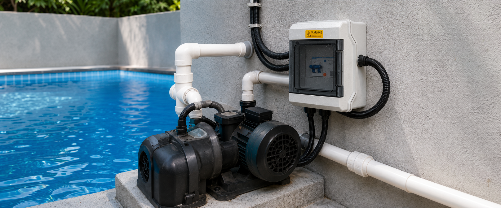 Waterproof pump control enclosure installed beside a residential swimming pool