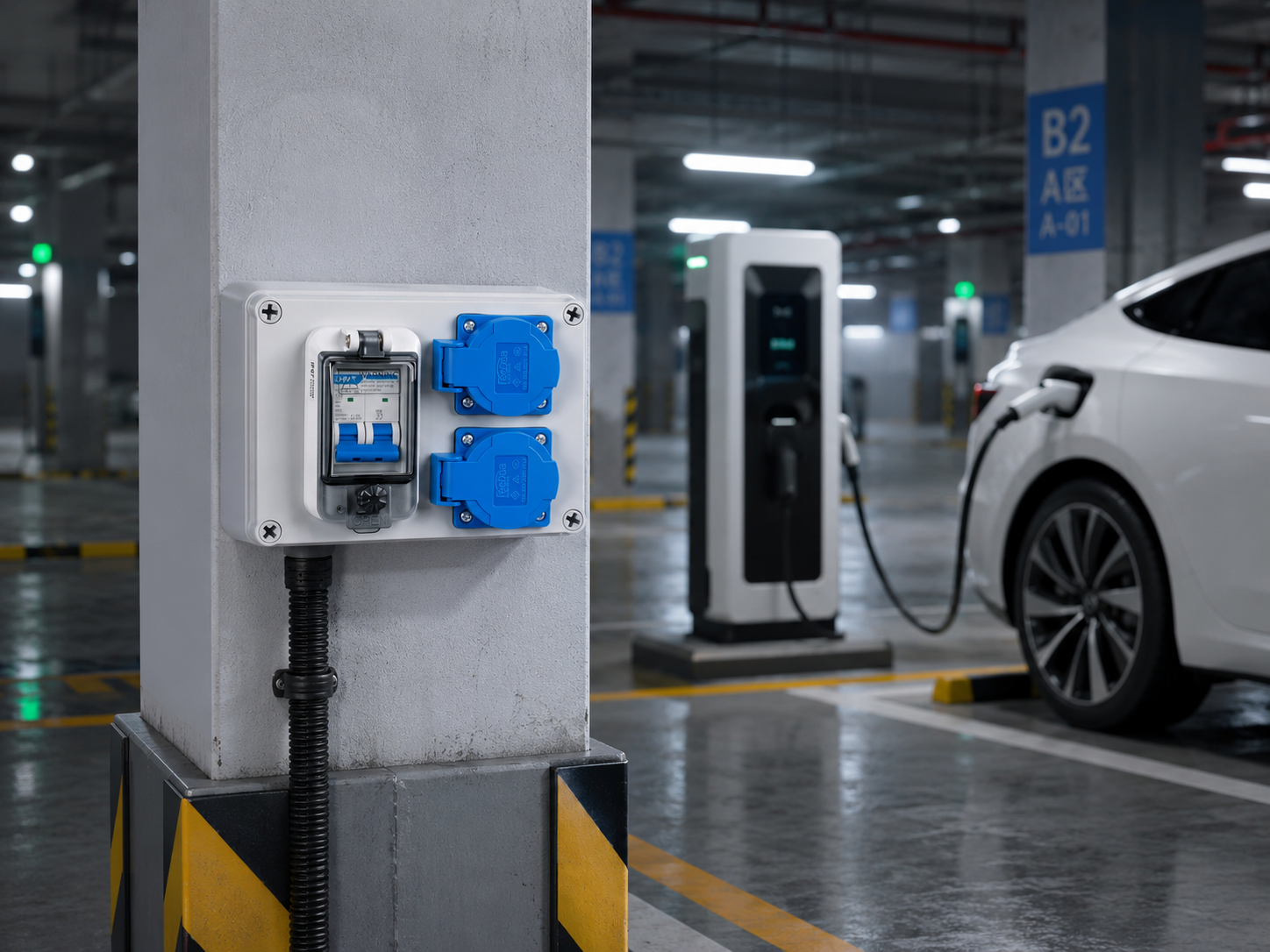 Waterproof socket and circuit protection enclosure in an underground EV parking area