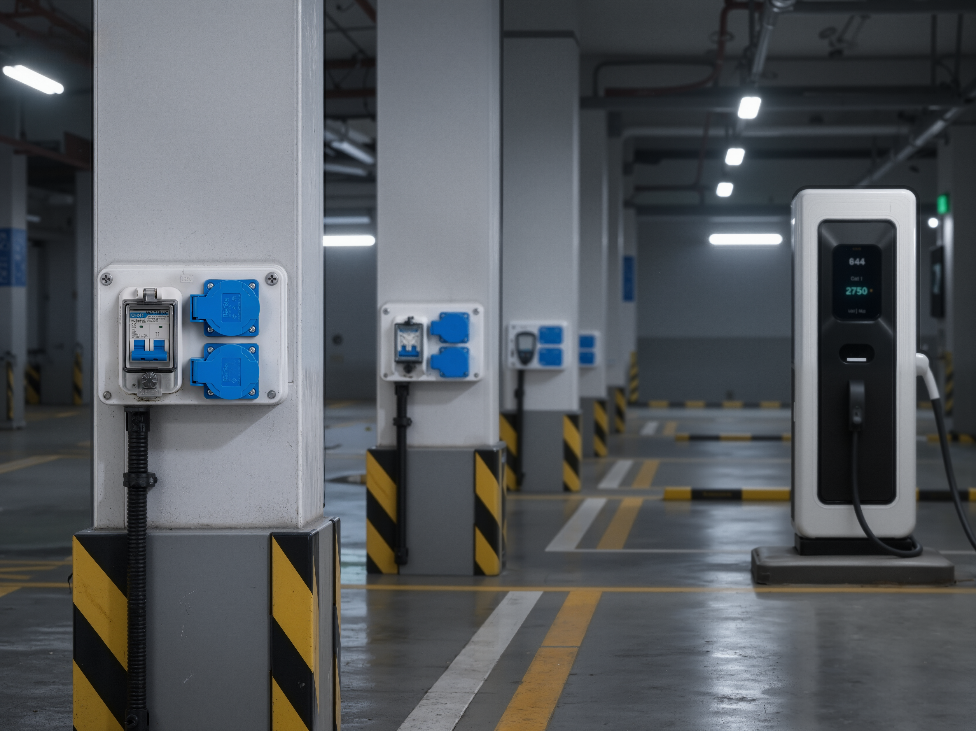 Waterproof socket and circuit protection enclosure in an underground EV parking area
