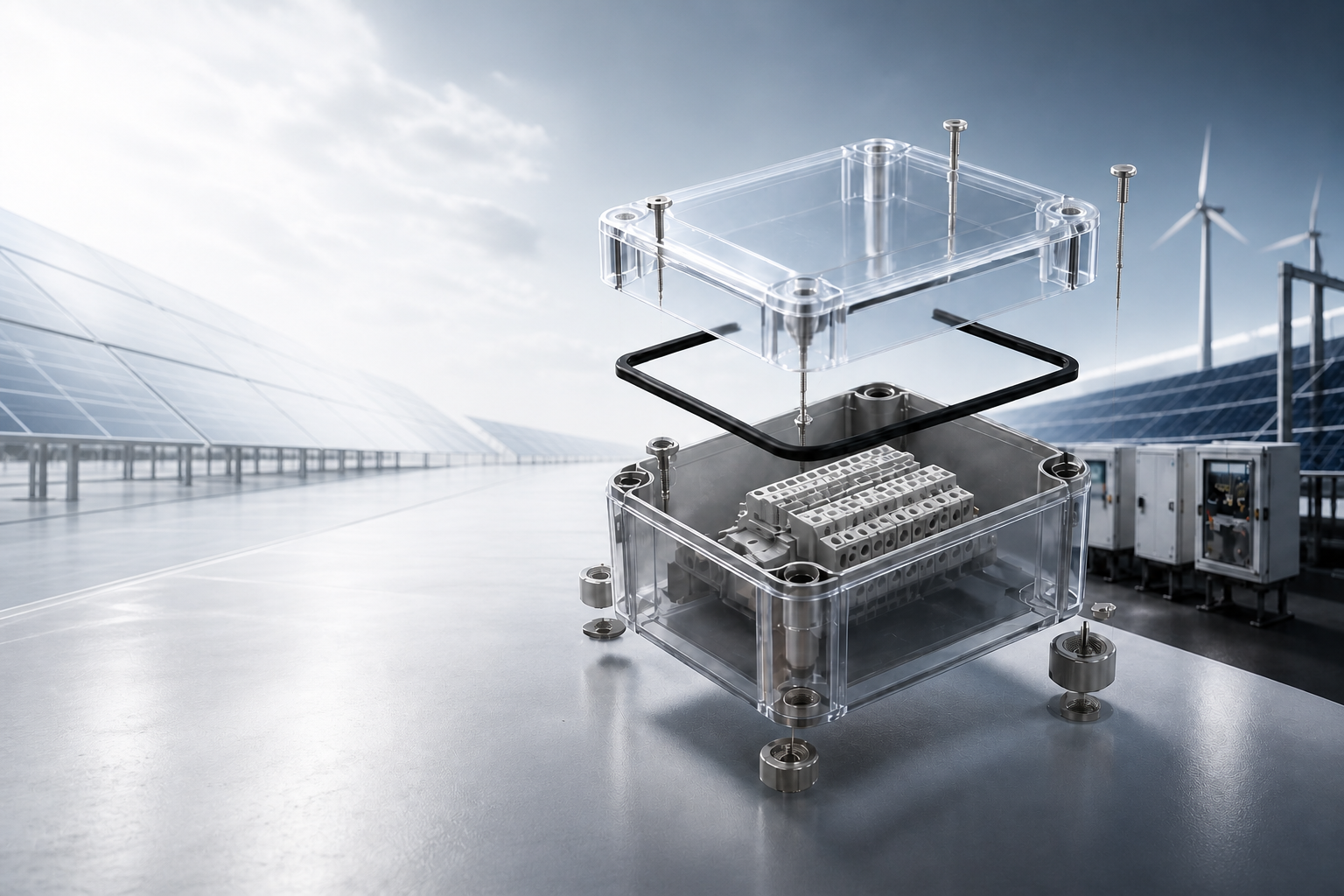 Exploded transparent BOWO enclosure in a renewable energy environment