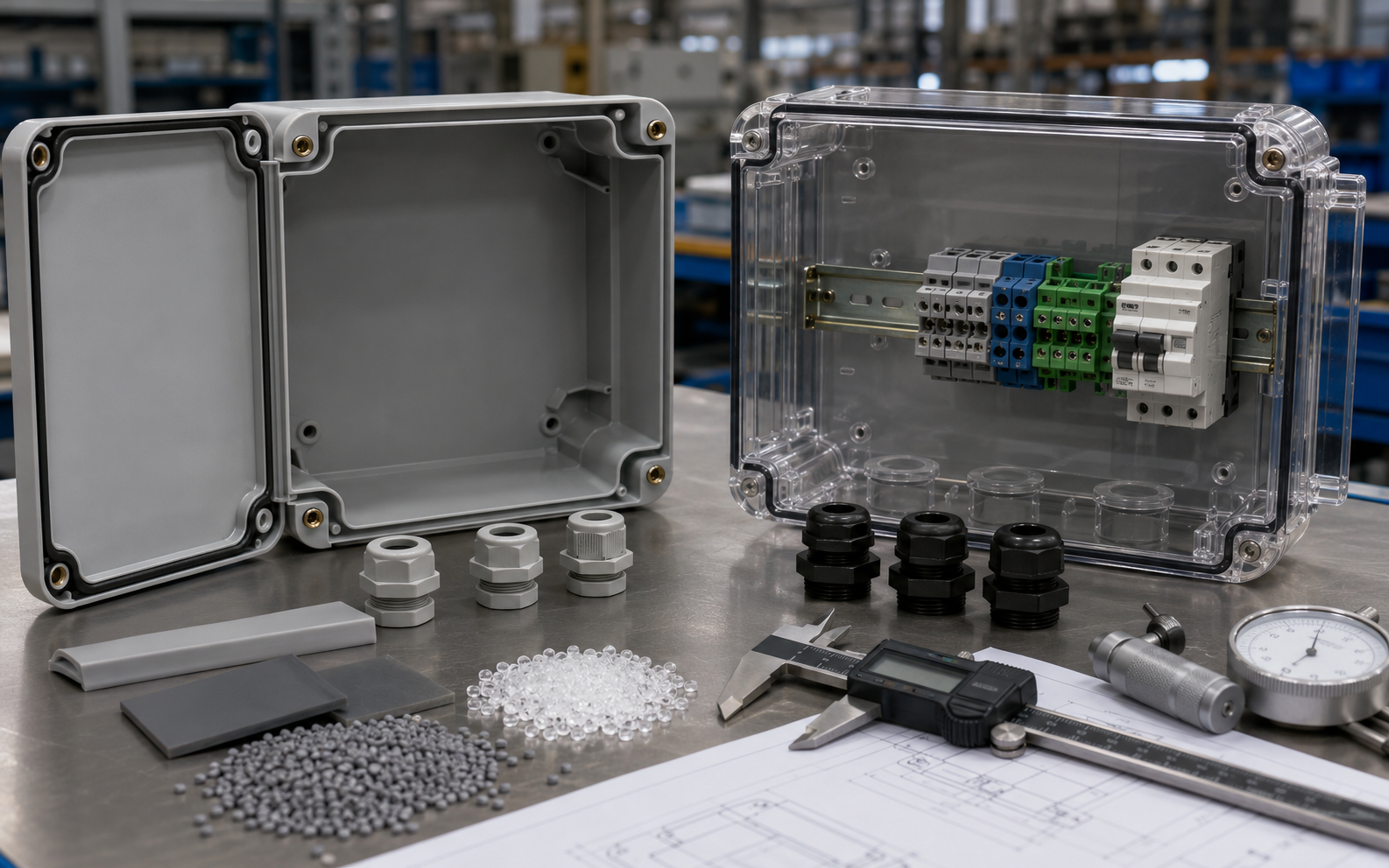 ABS and polycarbonate electrical enclosure materials with waterproof box components