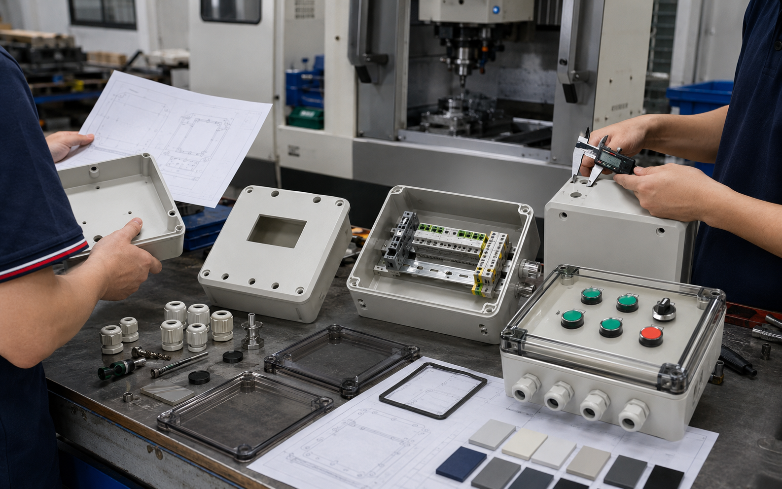 OEM waterproof electrical enclosures undergoing CNC machining, accessory installation and dimensional inspection