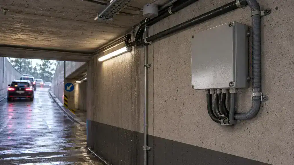 Electrical distribution box in a damp underground utility area