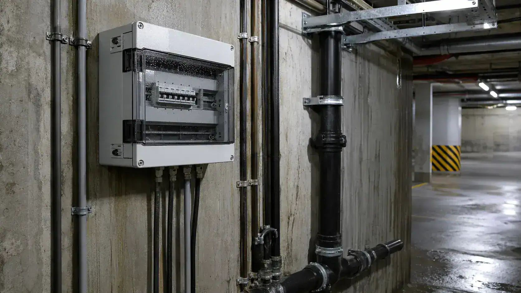 Electrical distribution box in a damp underground utility area