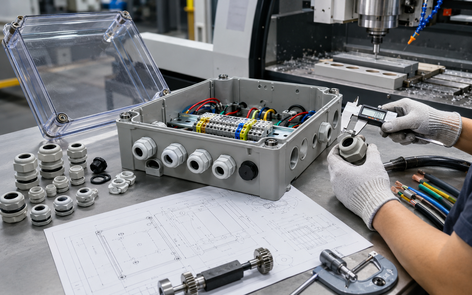 Technician inspecting cable gland holes in a customized waterproof electrical enclosure