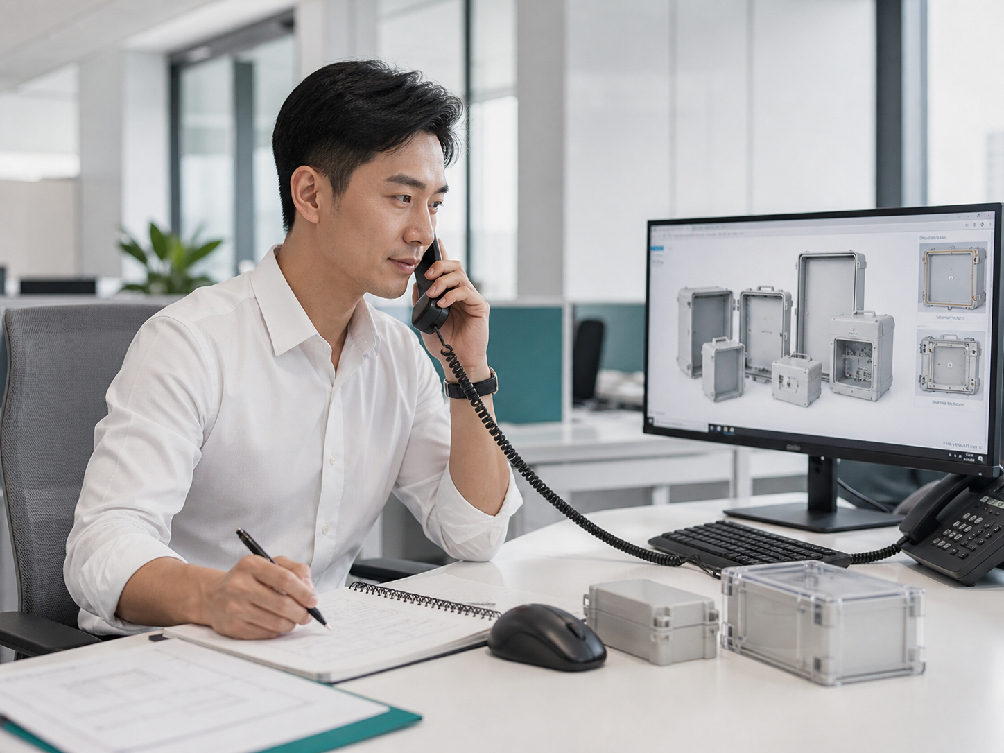 Sales engineer discussing an enclosure inquiry by phone