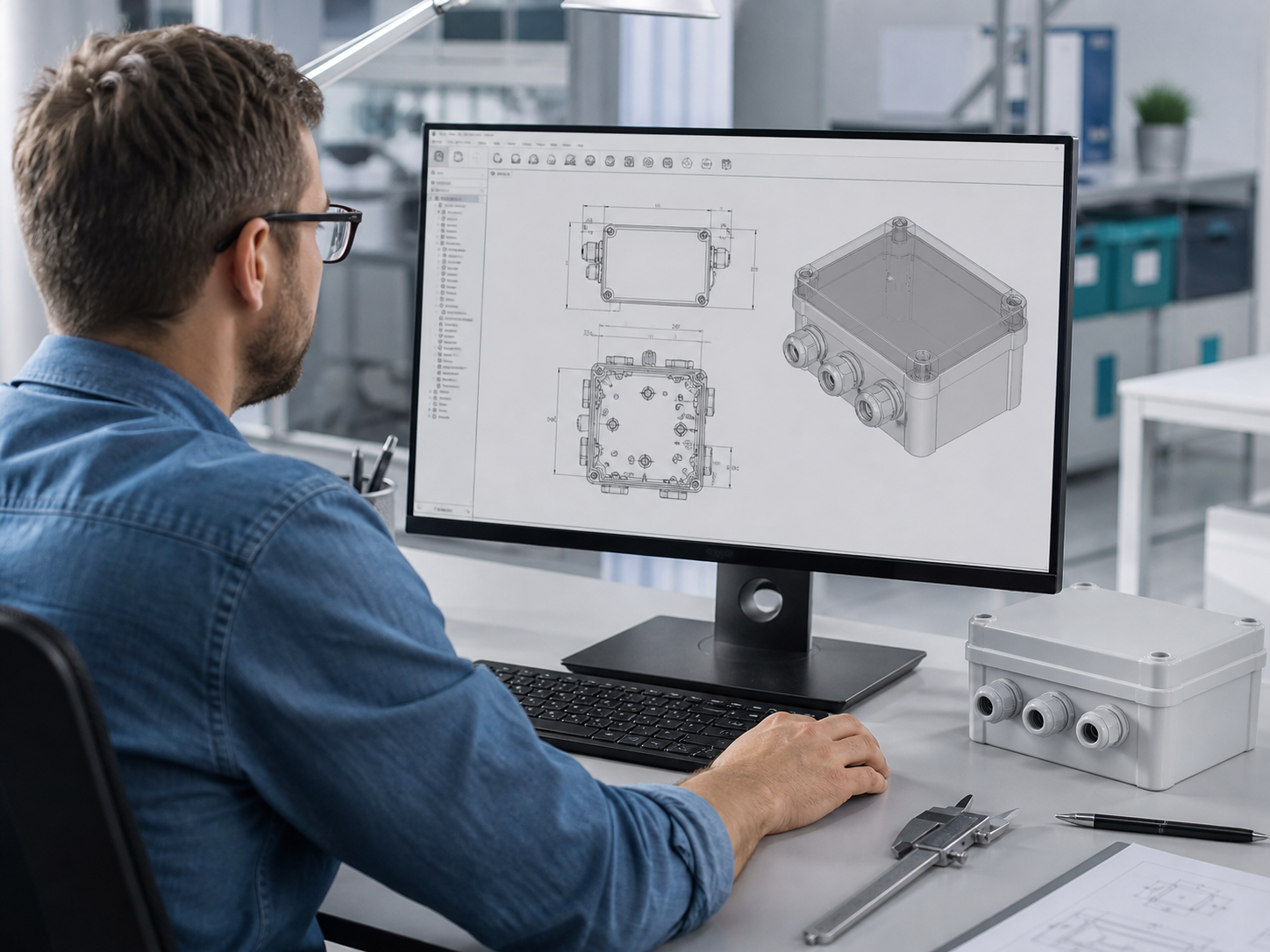 Engineer creating a waterproof enclosure CAD design