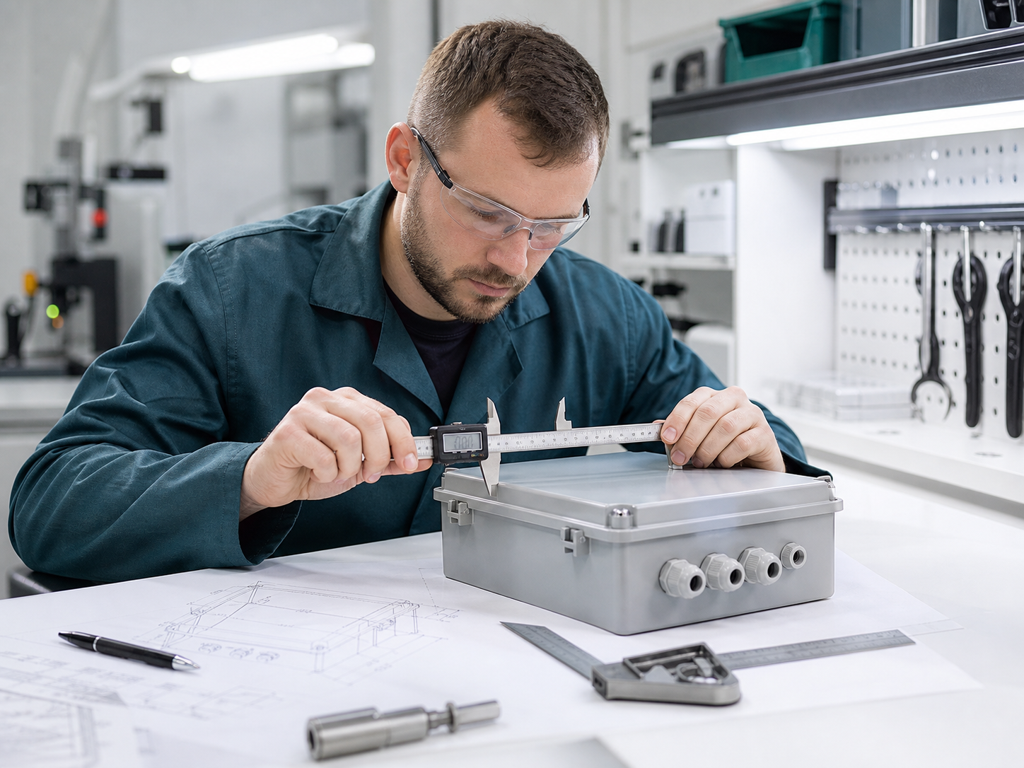 Engineer checking enclosure dimensions with a caliper
