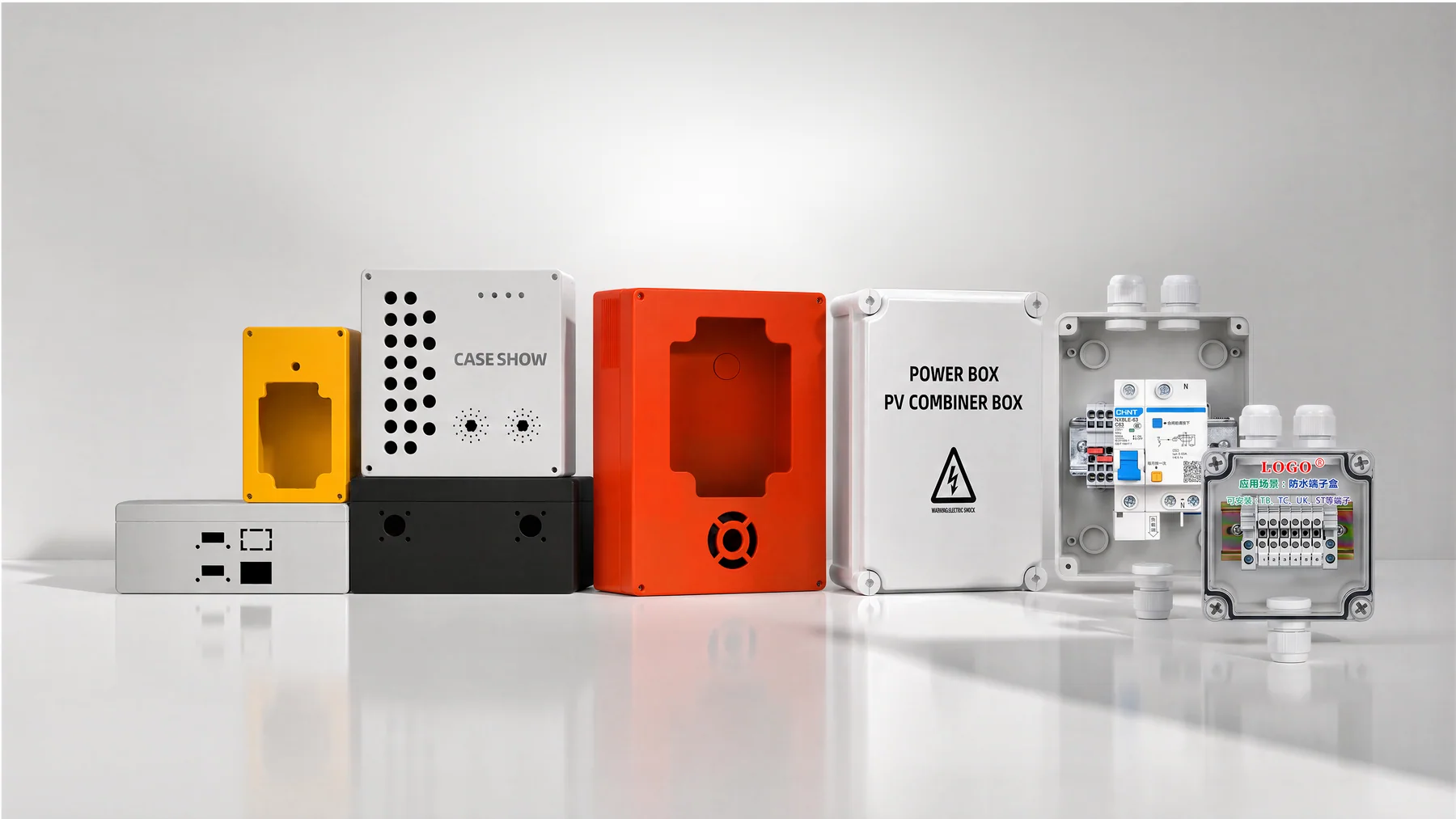 Complete BOWO customization overview showing machined, printed, colored and pre-wired electrical enclosures